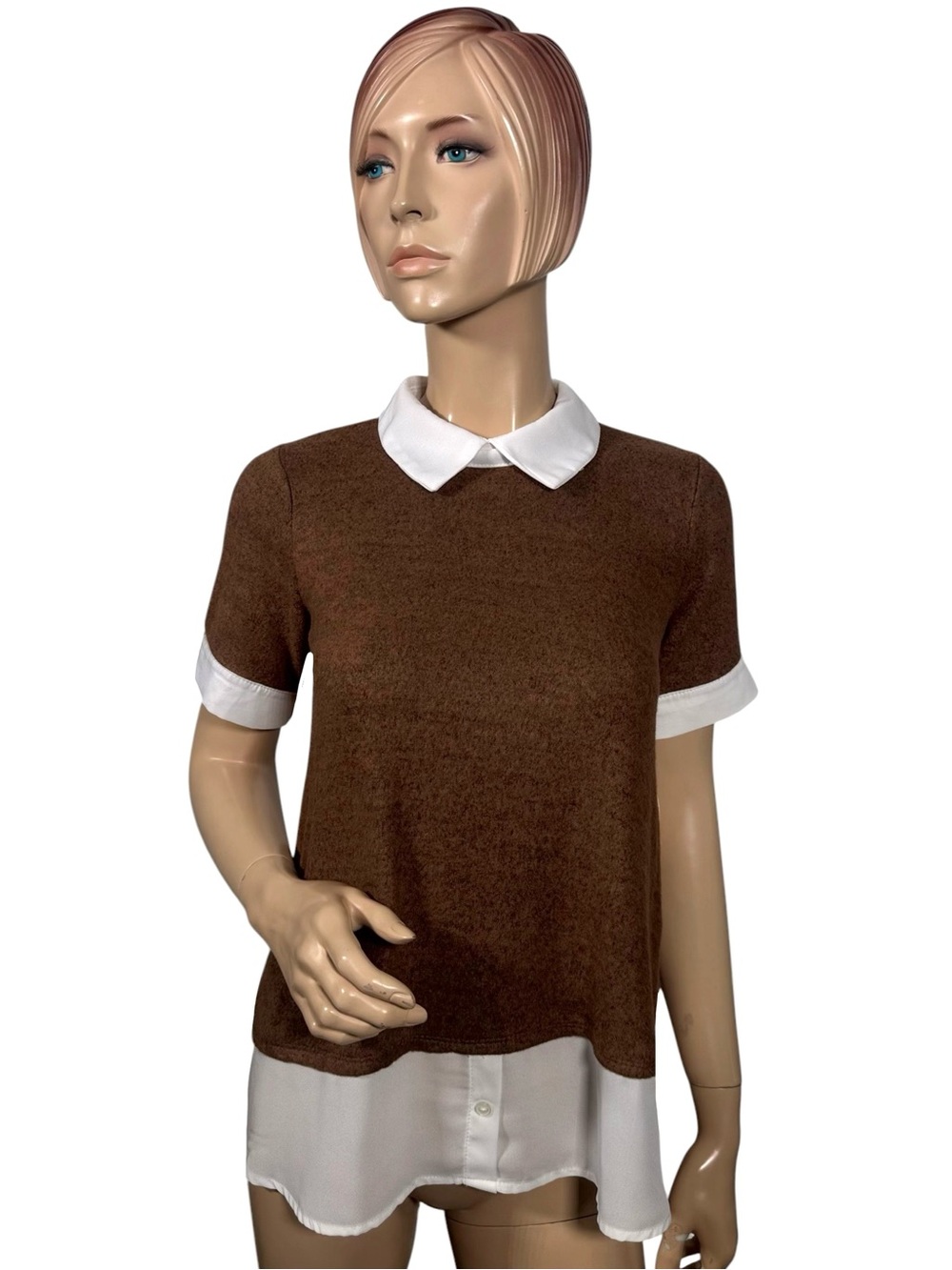 Misia Layered Look Peter Pan Collar Top Size Small Brown & White